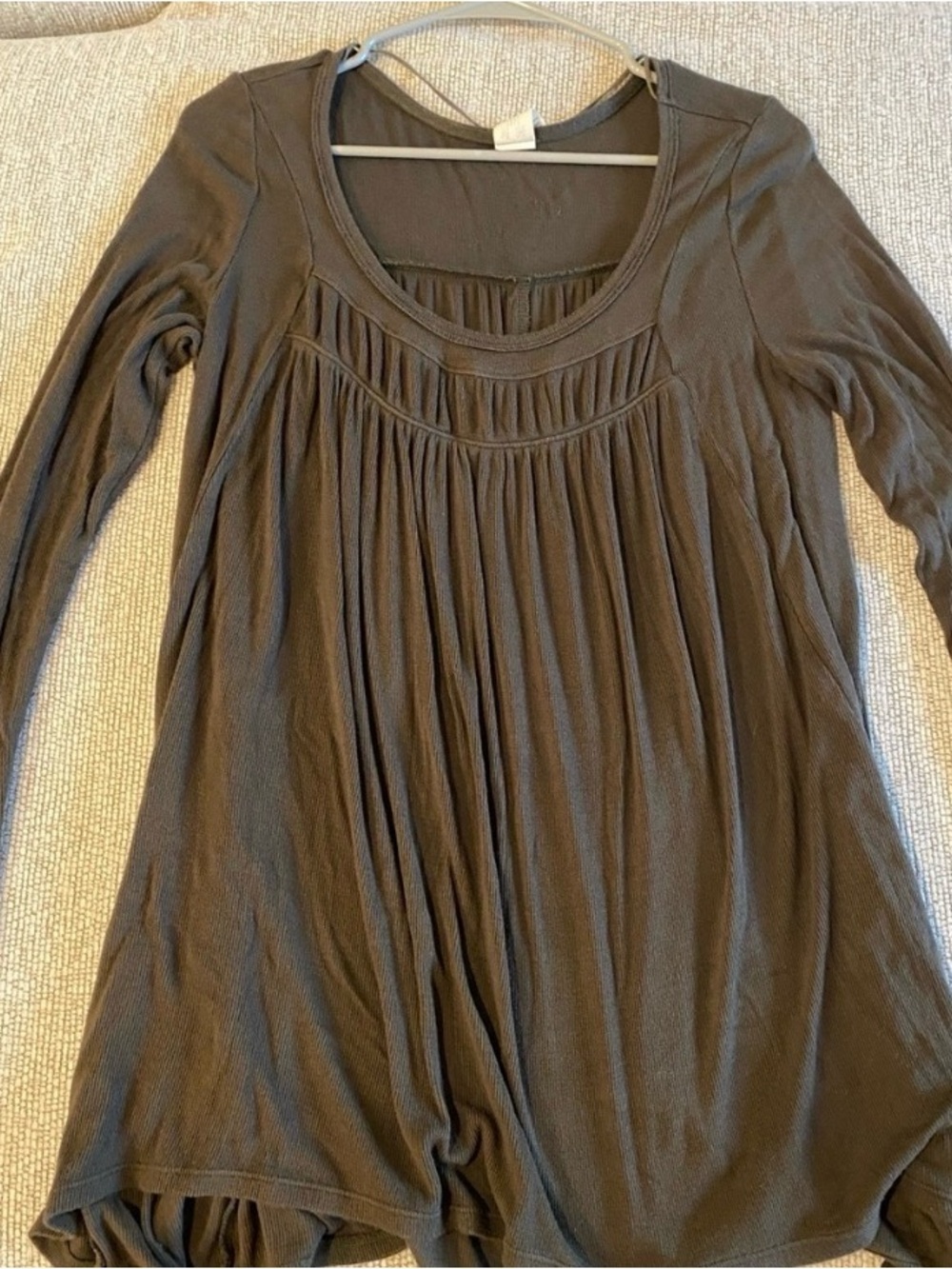 Free People Green Pleated Scoop Neck Long Sleeve Top
